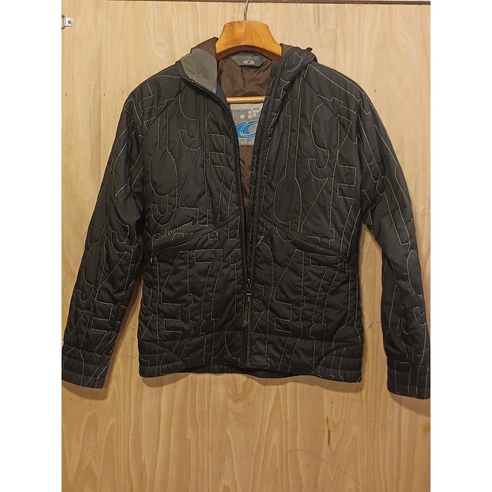 Salomon Womens Black Embroidered Puffer Jacket Hooded Insulated Full Zip Size M